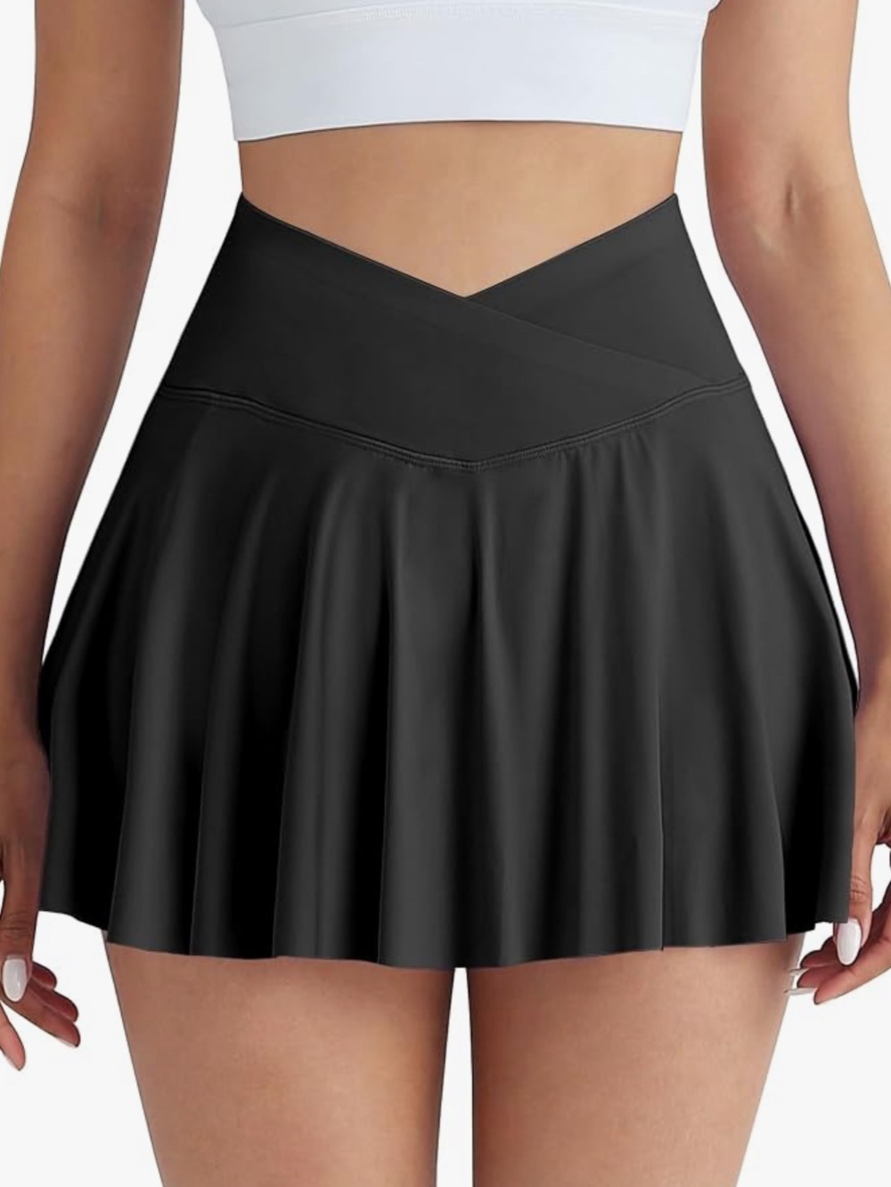 CHRLEISURE | High-Waist Black Tennis Skirt Crossover Waist Dolphin Hem